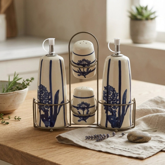 Porcelain Oil Dispenser & Salt Shaker Set - 4 Pcs